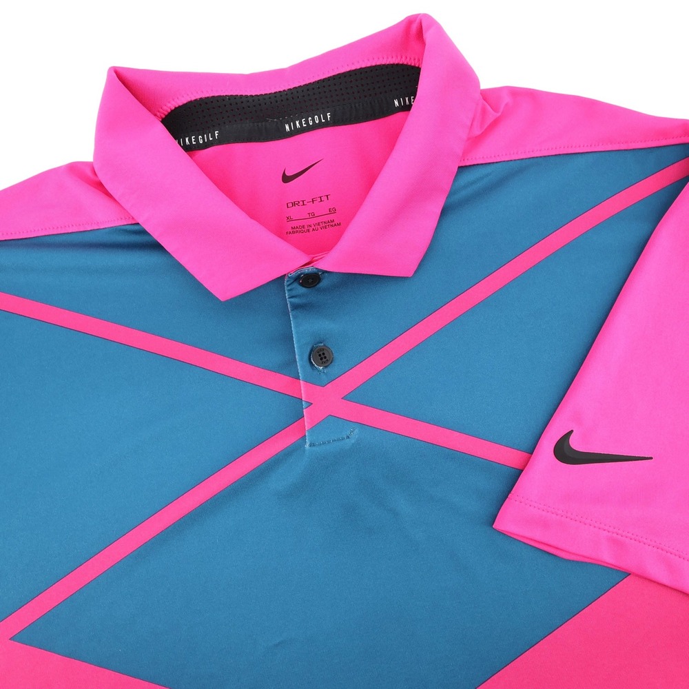 Nike Golf Dri Fit Mens XL Pink Blue Gray Geometric Polo Shirt‎ Performance